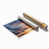 Vibrant rolled wall art print showcasing a serene landscape with a colorful sky, perfect for home decor; elegantly packaged in a protective cardboard tube.