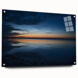 Acrylic glass wall art showcasing a serene landscape design, featuring vibrant colors and intricate details, displayed with stylish pins against a modern background.