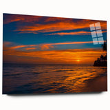 Acrylic glass wall art piece showcasing a vibrant landscape design, featuring bold colors and intricate details, elegantly displayed from a side view without pins. Ideal for modern decor.