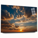 Acrylic glass wall art collection featuring a vibrant landscape and skyscape design, displayed from the side, showcasing its sleek edges and vivid colors. Ideal for modern decor.