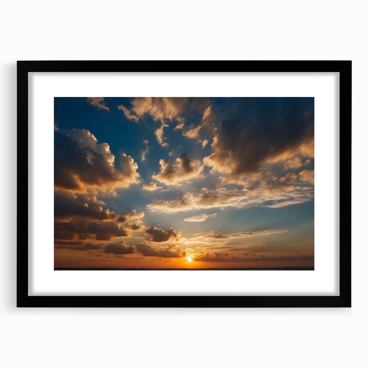Framed wall art featuring a serene landscape with vibrant colors, showcasing a picturesque sky. The design includes a black frame with a white mat, perfect for home decor.
