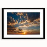 Framed wall art featuring a serene landscape with vibrant colors, showcasing a picturesque sky. The design includes a black frame with a white mat, perfect for home decor.
