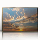 Framed acrylic wall art showcasing a stunning landscape and skyscape design, featuring gold accents and a contemporary aesthetic, perfect for home decor.