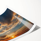 Rolled print showcasing a vibrant landscape scene featuring a dramatic sunset over mountains, ideal for home decor, packaged securely in a durable cardboard tube.