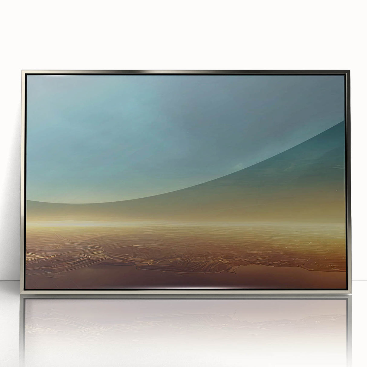 Framed wall art design featuring a modern landscapes and skyscapes collection in a sleek silver frame, showcasing abstract nature scenes that enhance interior decor.