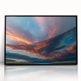 Framed wall art piece showcasing a vibrant landscapes and skyscapes design, featuring a sleek black frame that enhances the artwork's colors, perfect for home decor.