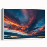 Framed canvas wall art from the Landscapes Skyscapes Design collection showcasing a serene sunset over mountains, featuring vibrant colors and a modern white frame, ideal for enhancing home decor.