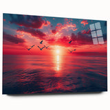 Acrylic glass wall art design showcasing a beautiful landscape skyscape in vibrant colors, displayed from a side view, emphasizing its sleek, modern aesthetic.