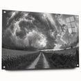 Acrylic glass wall art showcasing a vibrant landscapes and skyscapes design, displayed in a side view with decorative pins, perfect for modern home decor.