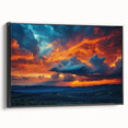 Framed canvas wall art showcasing a vibrant landscape design with rich colors and intricate details, displayed from a black side view, ideal for home decor.
