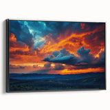 Framed canvas wall art showcasing a vibrant landscape design with rich colors and intricate details, displayed from a black side view, ideal for home decor.