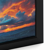 Framed canvas artwork showcasing a vibrant landscape scene with dynamic colors and intricate details, perfect for home decor and enhancing interior aesthetics.