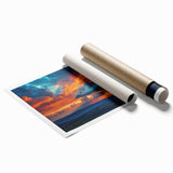 Rolled print of a vibrant landscape featuring a serene sunset with rich oranges and purples, ideal for home decor or office art collection.