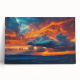 Stretched canvas artwork showcasing a vibrant landscape with a sunset sky, featuring rich hues of orange and blue, perfect for modern home decor.