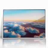 Framed landscape wall art featuring vibrant blue skies and lush green fields, designed to enhance modern decor with a contemporary acrylic finish.