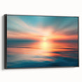 Framed canvas wall art showcasing a serene landscape with a vibrant sunset, featuring rich hues of orange and purple, perfect for home decor enhancement.