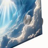 Close-up of a vibrant acrylic glass artwork showcasing a stunning landscape with blue skies and dramatic clouds, perfect for modern home decor. This piece adds a touch of elegance and serenity to any space.