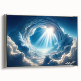 Framed canvas wall art showcasing a serene skyscape design with vibrant colors, displayed in a sleek silver frame, ideal for modern home decor.