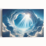 Stretched canvas wall art showcasing a vibrant landscape with a stunning sunset, featuring rich hues of orange, purple, and blue, ideal for home decor.