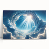 Stretched canvas wall art featuring a vibrant landscape design with a sunset over mountains, leaning against a neutral wall, perfect for home decor.