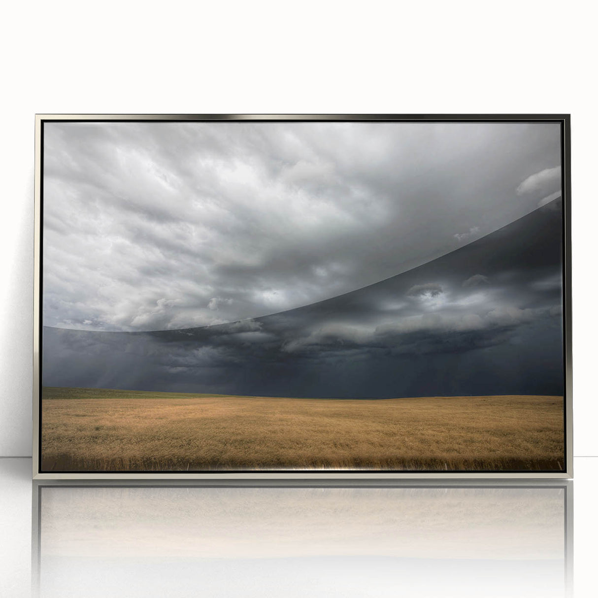 Framed wall art showcasing a modern landscape design with vibrant colors and abstract shapes, set in a sleek silver frame, ideal for contemporary decor.