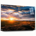 Acrylic glass wall art showcasing a vibrant landscapes and skyscapes design, displayed in a side view with decorative pins securing it to a surface. Perfect for enhancing modern interiors.