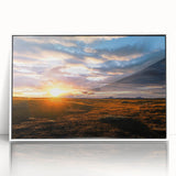 Framed acrylic wall art showcasing a serene landscape with vibrant colors, elegantly displayed in a white frame, perfect for modern home decor.