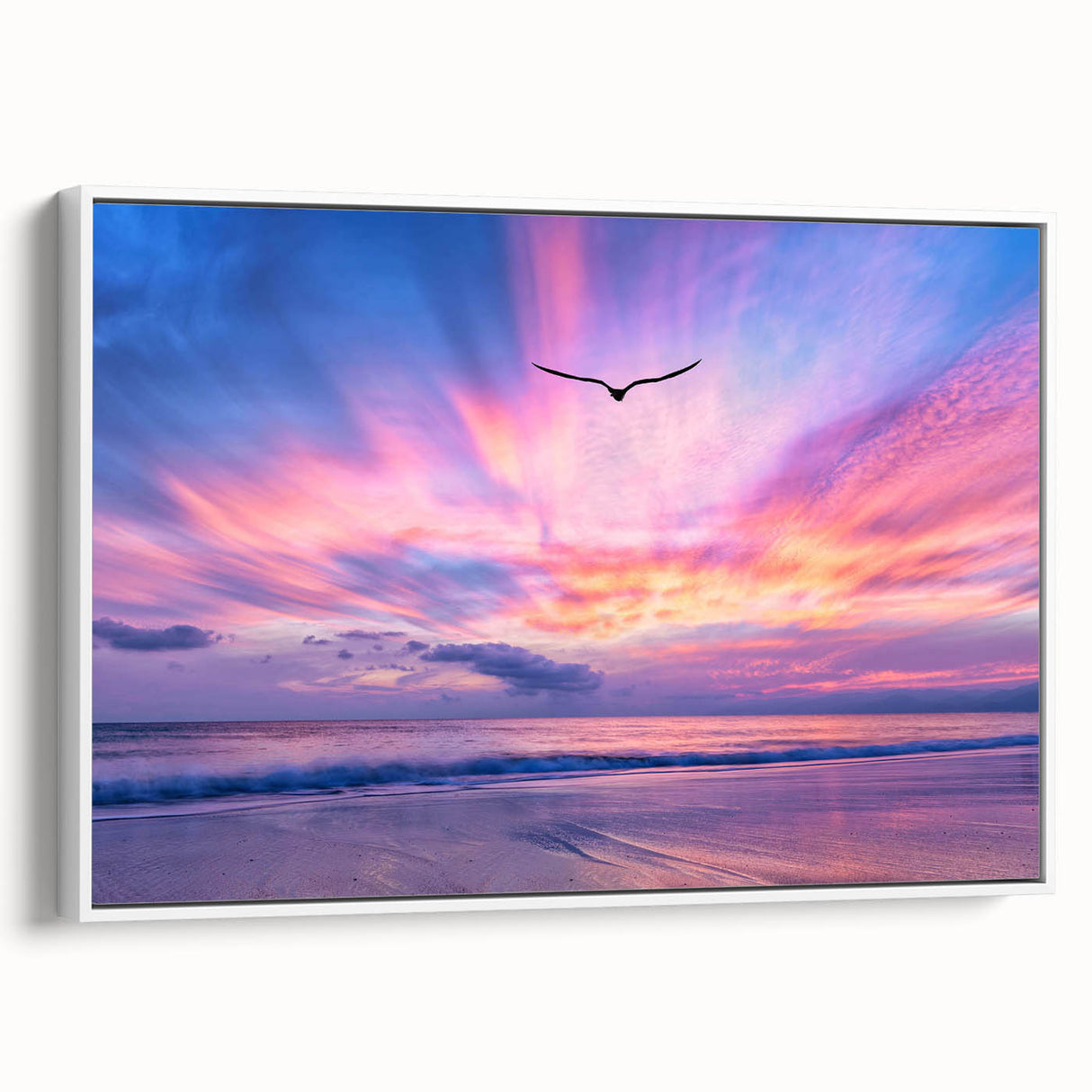 Framed canvas wall art collection showcasing stunning landscapes and skyscapes, featuring a white frame and side view that highlights its elegant design. Perfect for home decor enthusiasts seeking nature-inspired artwork.