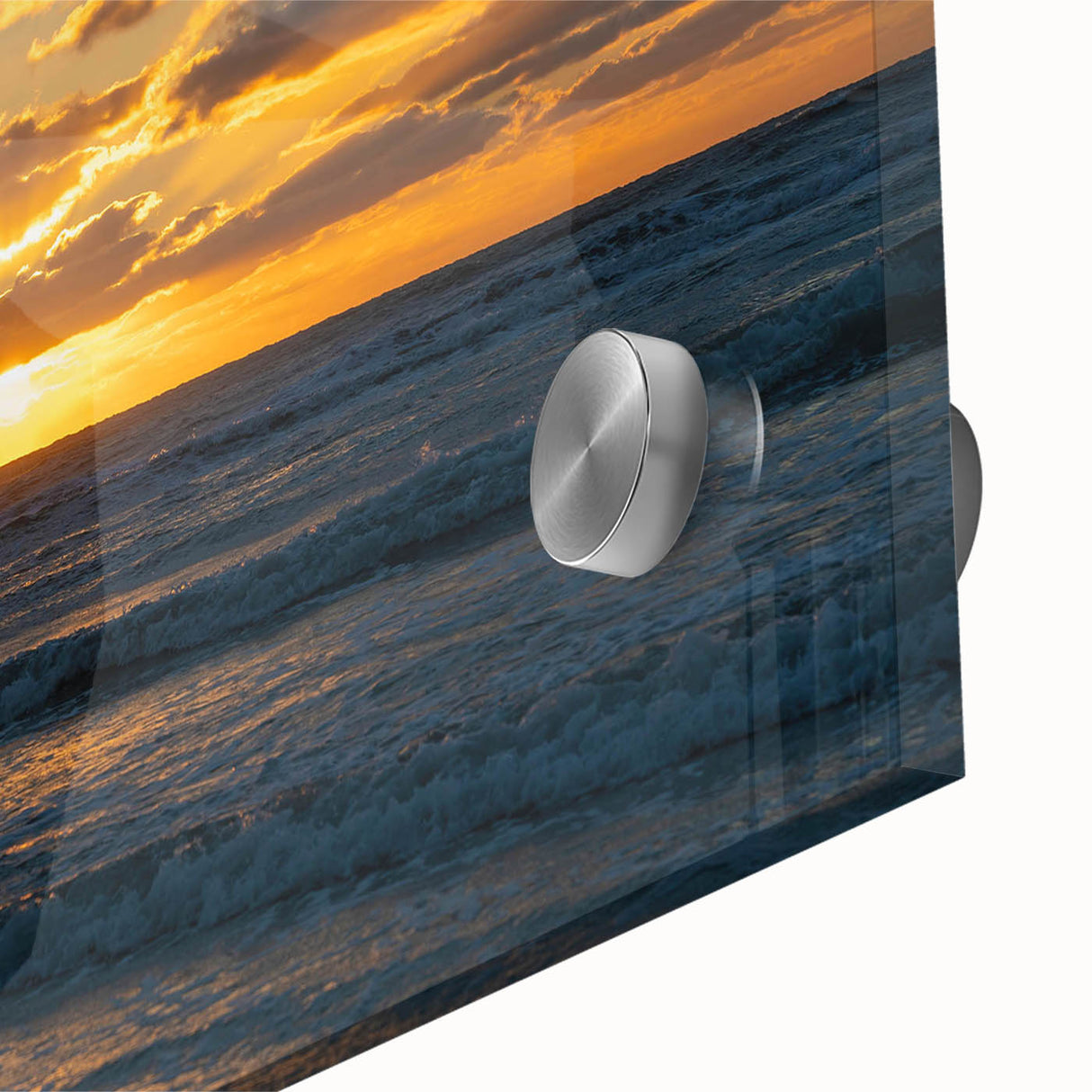 Close-up of a vibrant acrylic glass wall art piece showcasing an abstract landscape design with rich colors, perfect for modern home decor accents.