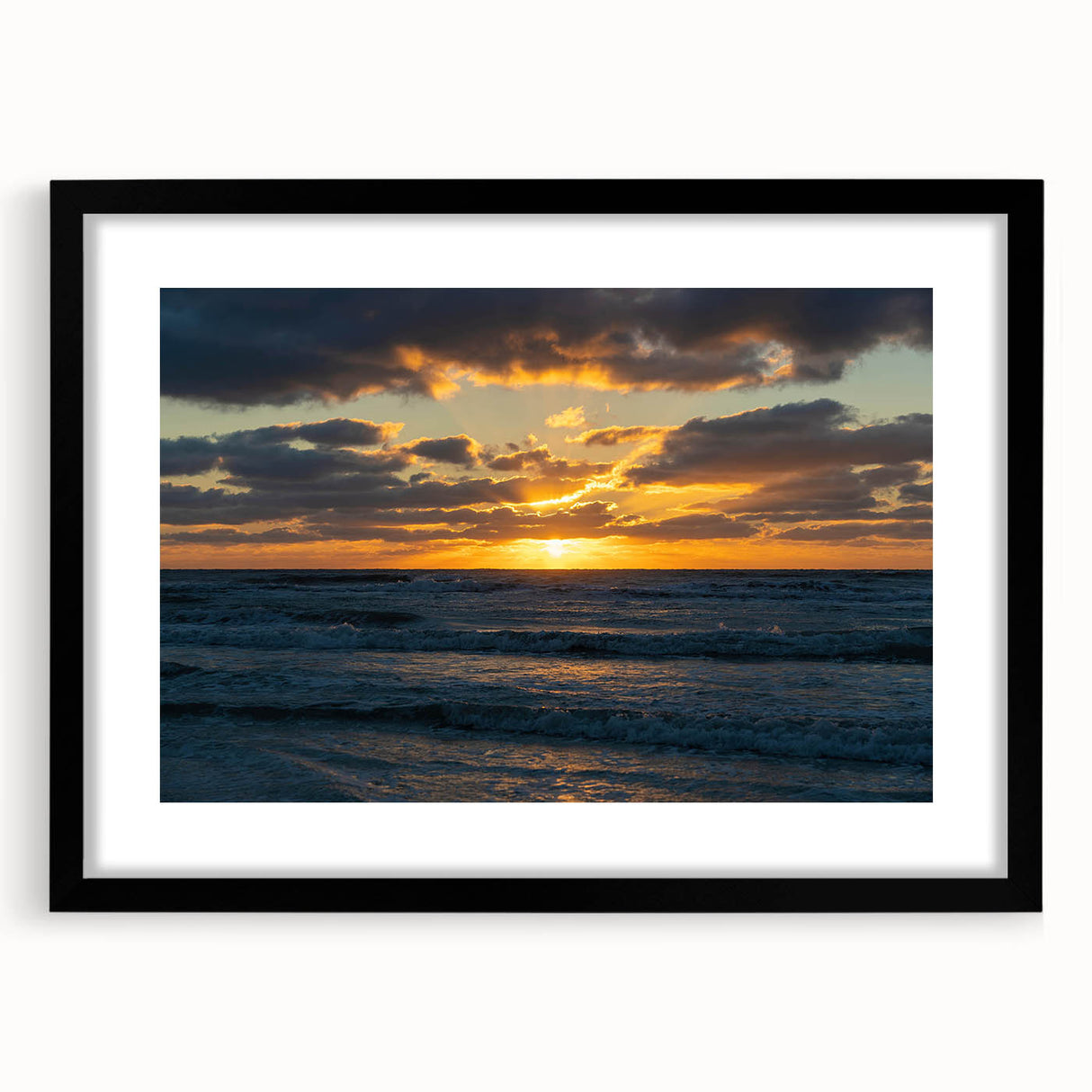 Framed wall art collection showcasing a serene landscape with vibrant colors, featuring a black mat and sleek frame, perfect for modern home decor.