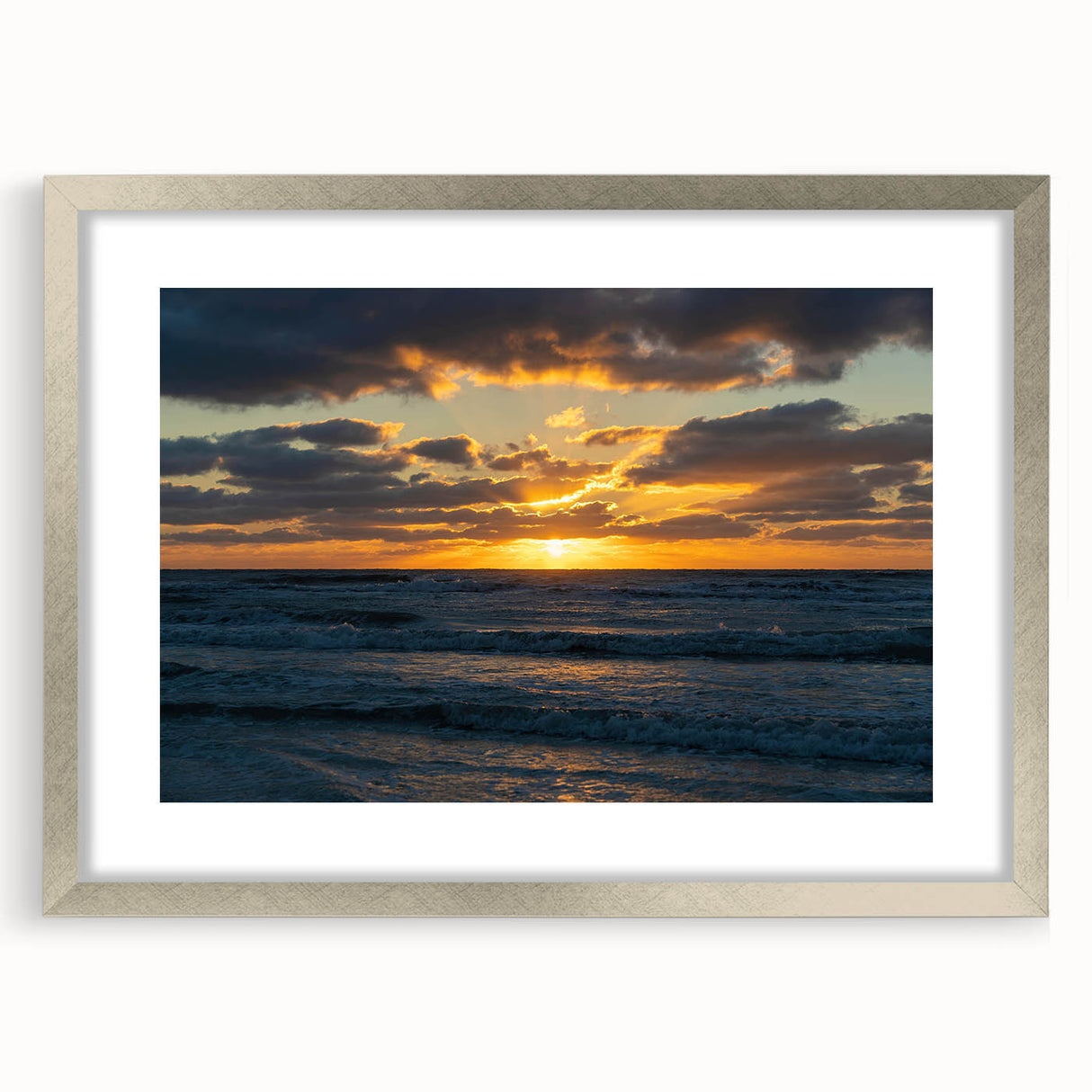 Elegant silver-framed wall art showcasing a serene landscape design with soft hues and intricate details, perfect for enhancing home decor and creating a calming atmosphere.