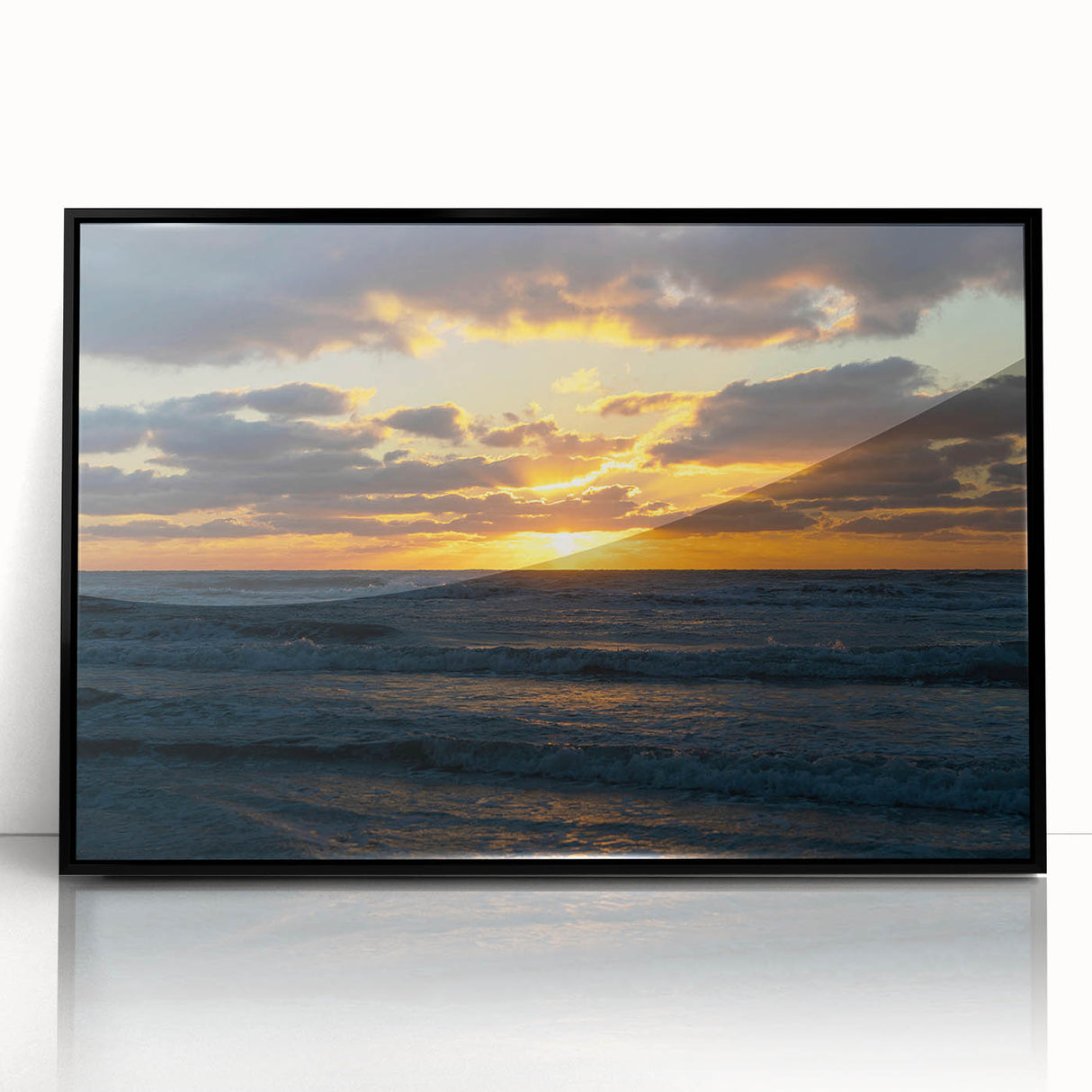 Framed black acrylic wall art showcasing an abstract landscape design, featuring vibrant colors and a modern aesthetic, perfect for contemporary decor.