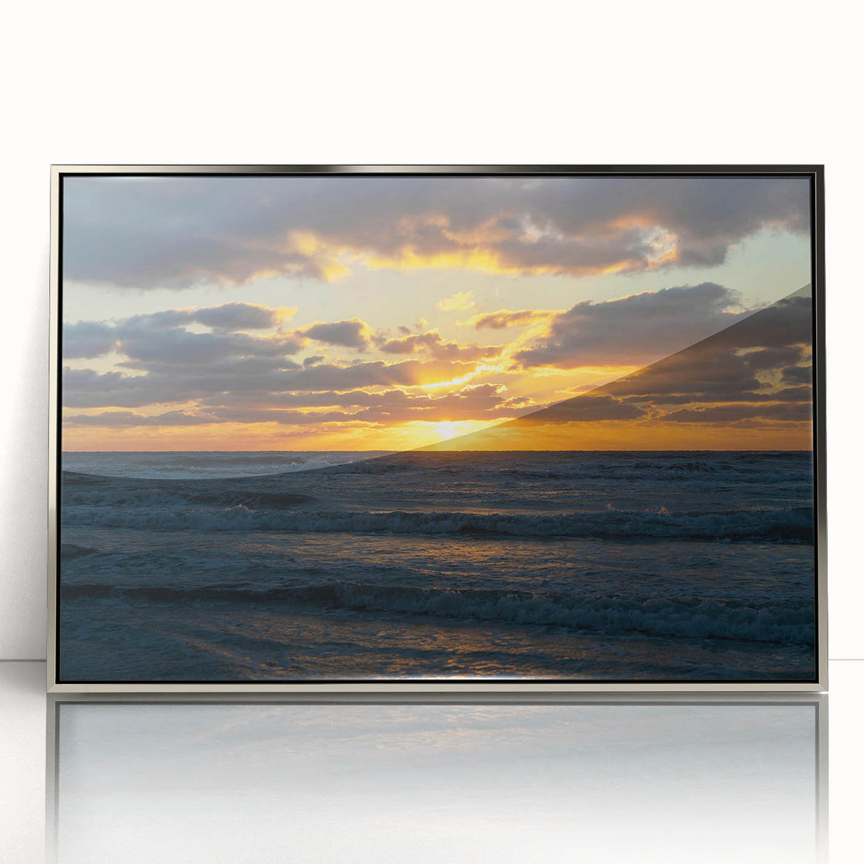 Framed acrylic wall art collection showcasing a stunning landscapes and skyscapes design in silver, perfect for modern home décor. The piece features vibrant colors and intricate details, enhancing any interior space.