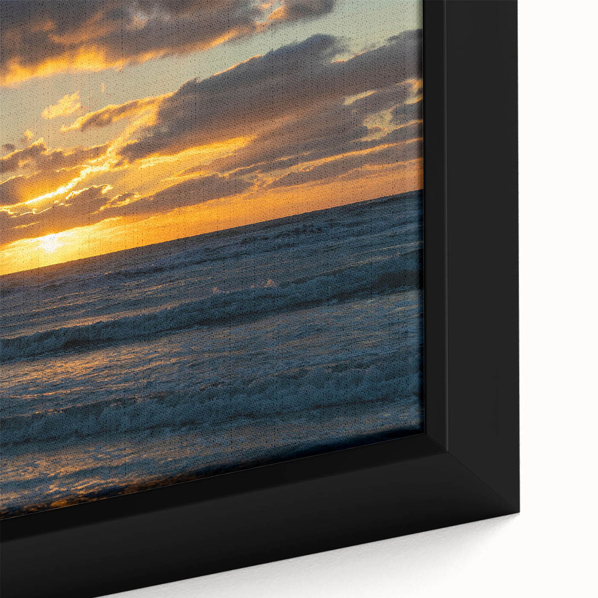 Close-up of a framed canvas wall art piece showcasing a serene landscape with vibrant colors, featuring rolling hills and a dramatic sky, perfect for home decor.