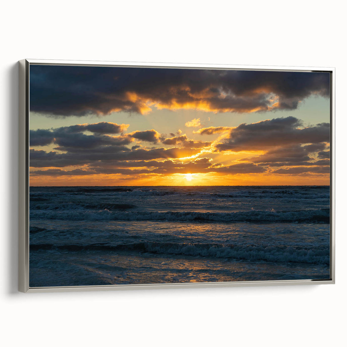 Framed canvas wall art collection showcasing serene landscapes and skyscapes, featuring a silver frame and elegant design elements, perfect for modern decor.