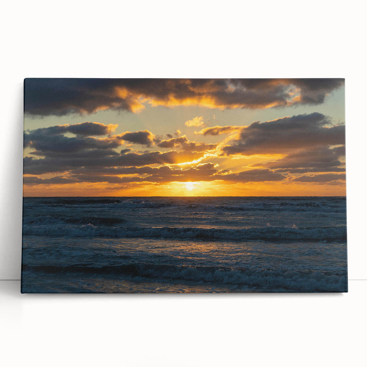 Stretched canvas wall art featuring a serene landscape design with vibrant colors, ideal for home decor. The artwork is elegantly leaning against a neutral wall, showcasing its intricate details and rich hues, perfect for enhancing any living space.