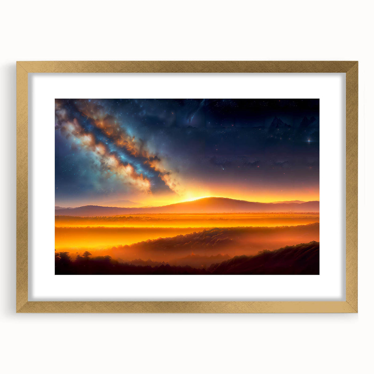 Golden-framed wall art featuring a serene landscape scene with soft pastel colors, ideal for enhancing home decor and creating a calming atmosphere. Perfect for living rooms or office spaces, this design adds elegance and tranquility to any setting.