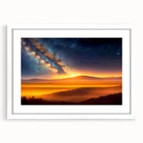 Framed landscape wall art collection featuring serene skyscapes and vibrant colors, displayed with a white mat, perfect for enhancing home decor.