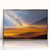 Framed wall art piece showcasing a vibrant landscapes and skyscapes design with gold accents, perfect for modern home decor. The acrylic frame enhances the visual appeal, making it an ideal centerpiece for living rooms or offices.