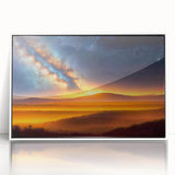 Framed acrylic wall art from the Landscapes Skyscapes Design 7 collection, showcasing a serene landscape scene with vibrant colors, set against a sleek white frame, perfect for modern decor.