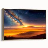Framed canvas wall art showcasing a stunning skyscape design with gold accents, perfect for enhancing modern home decor. Side view highlights the elegant frame and textured finish.