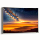 Framed canvas wall art showcasing a serene landscape with vibrant colors, silver frame, and a contemporary design, perfect for modern home decor.