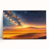 Stretched canvas wall art showcasing a serene landscape with vibrant skies, perfect for modern decor. The piece leans against a neutral wall, enhancing its visual appeal.