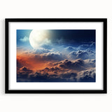 Framed black wall art showcasing a serene landscape and skyscape design, featuring a white mat for added elegance, ideal for modern home decor.