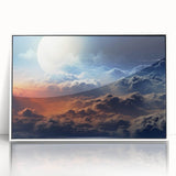 Framed wall art featuring a serene landscape design with soft hues of blue and green, perfect for home decor. Acrylic front enhances colors and details.