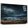 Side view of a modern wall art collection featuring landscapes and skyscapes printed on acrylic glass, showcased with decorative pins, ideal for contemporary home decor.
