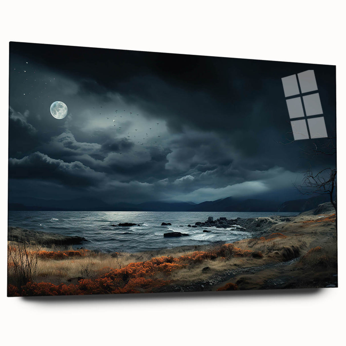 Elegant wall art featuring a vibrant landscape and skyscape design printed on acrylic glass. The side view showcases its sleek edges and modern aesthetic, ideal for enhancing contemporary interiors.