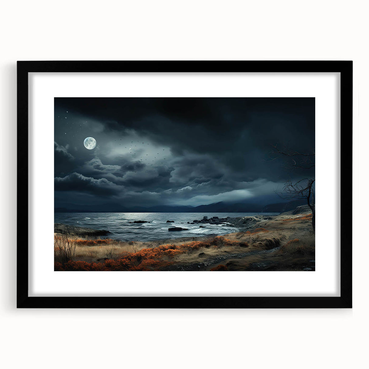 Framed black wall art featuring a serene skyscape design in a sleek matte finish, perfect for modern decor, showcasing calming blues and whites.