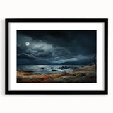 Framed black wall art featuring a serene skyscape design in a sleek matte finish, perfect for modern decor, showcasing calming blues and whites.