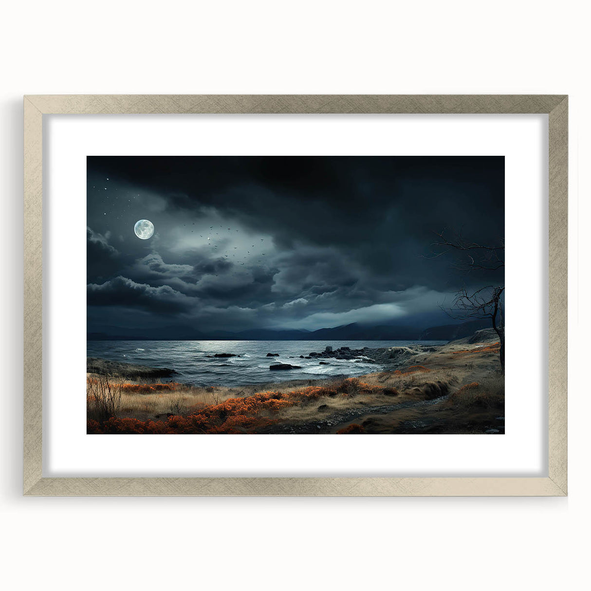 Silver-framed wall art showcasing a stunning landscapes and skyscapes design, featuring vibrant colors and intricate details, perfect for enhancing home decor.